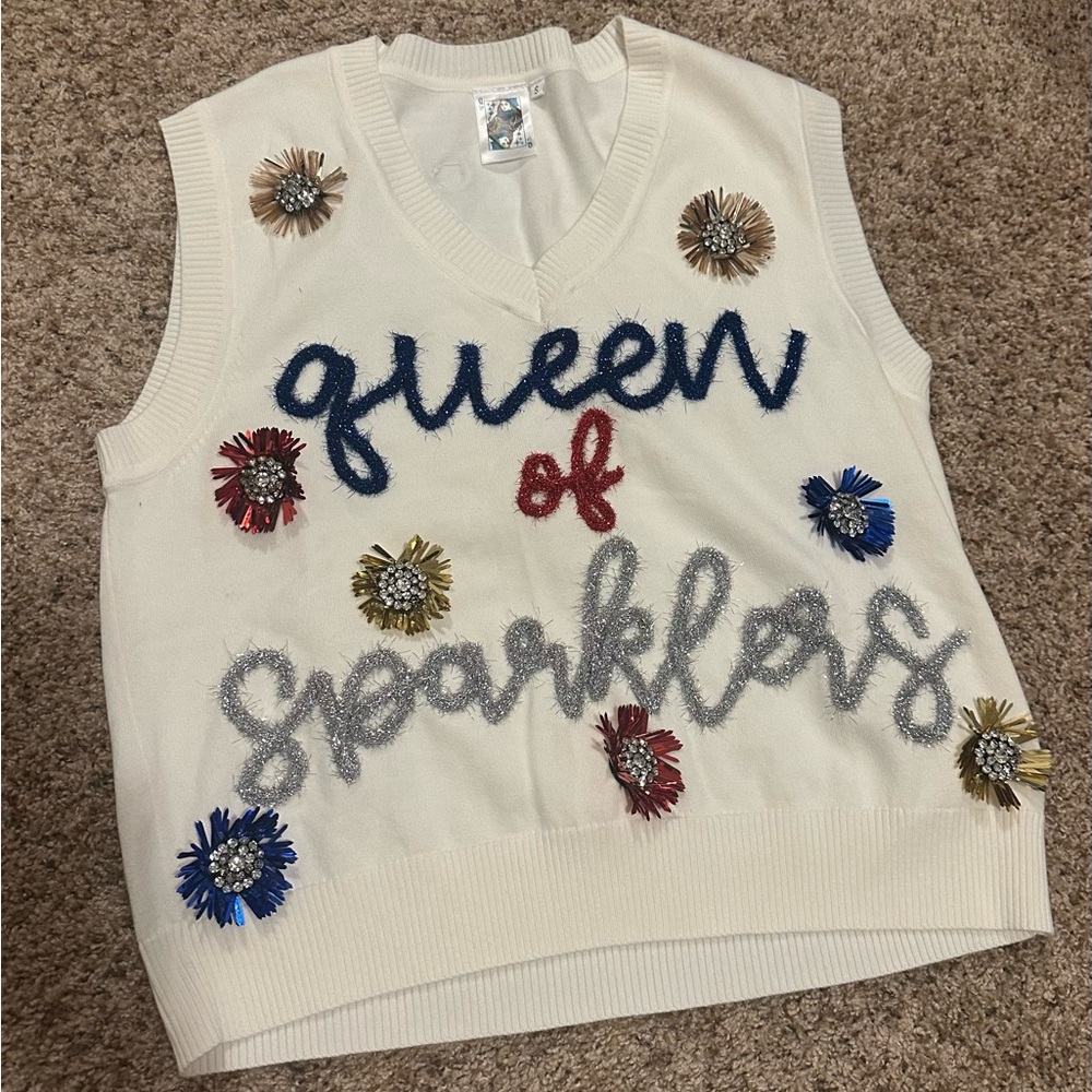QUEEN OF SPARKLES White V-Neck Sweater Vest with Colorful Embellishments